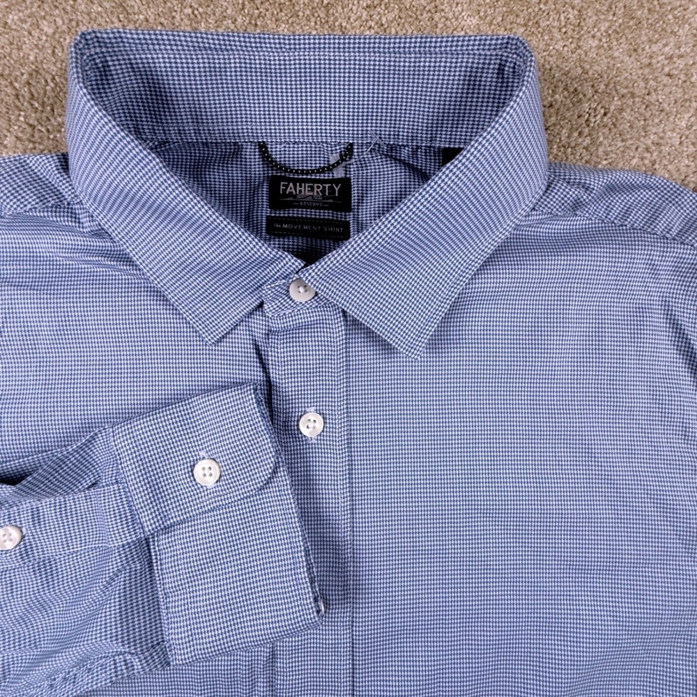 Faherty Movement Shirt Men Large Blue Houndstooth Button Down Stretch